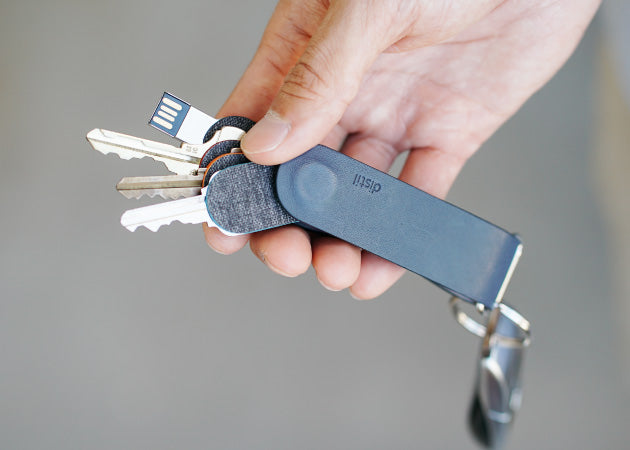 Keys and a USB drive fan out from a leather Ferris KeyLoop by Distil Union